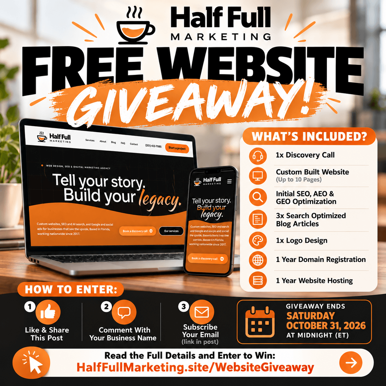 Half Full Marketing free website giveaway: what's included and how to enter